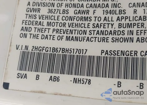 2011 Honda Civic Lx from USA, damaged, VIN 2HGFG1B67BH517017